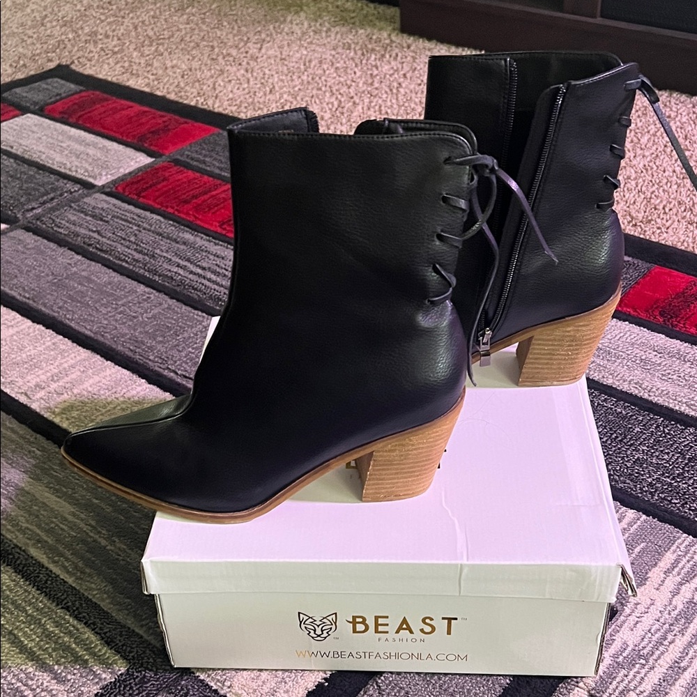 BEAST FASHION Black Ankle Booties with Tan Heel